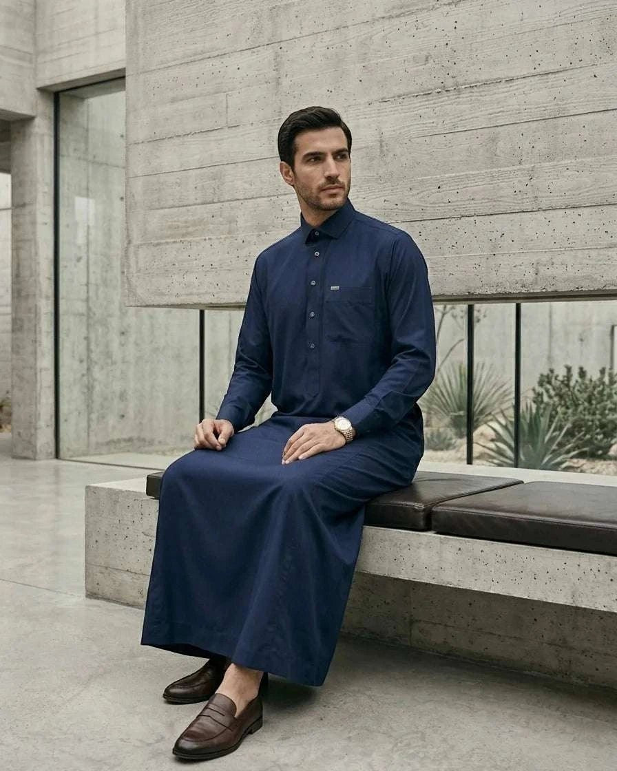 Navy blue thobe with shirt collar for men, buttoned placket in close detail