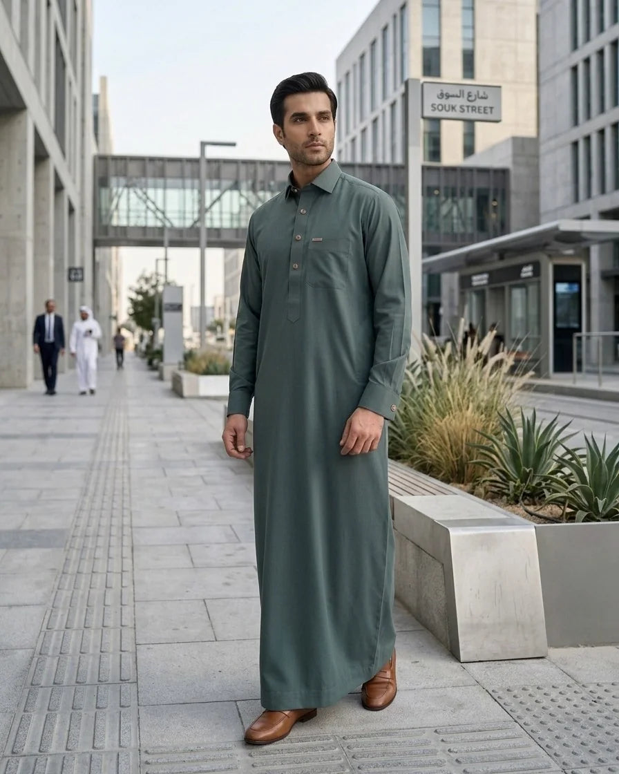 Premium Executive Sage Green Thobe with Shirt Collar