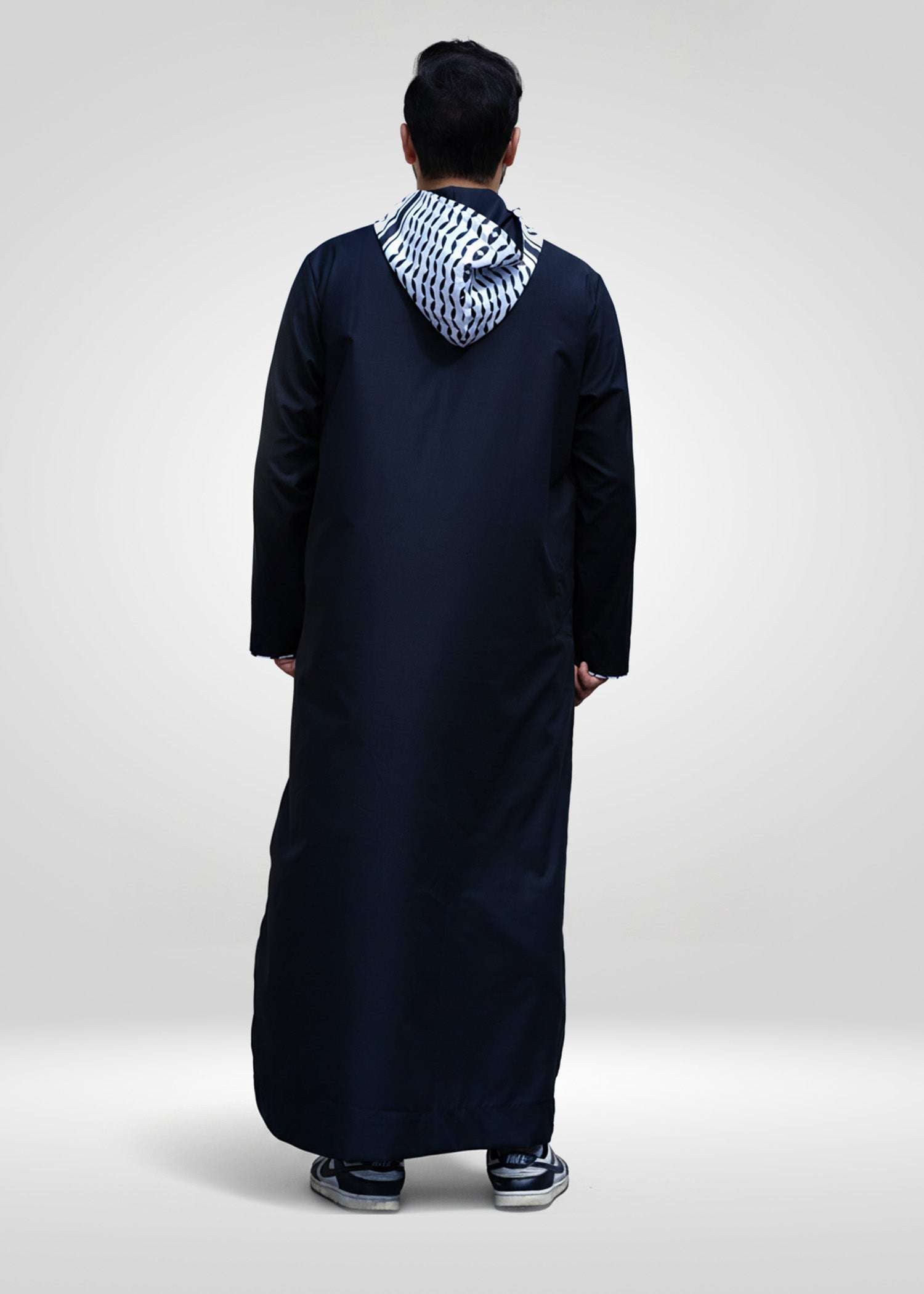 Back view of the Black Palestine Hoodie Thobe highlighting the cool hooded silhouette and relaxed fit