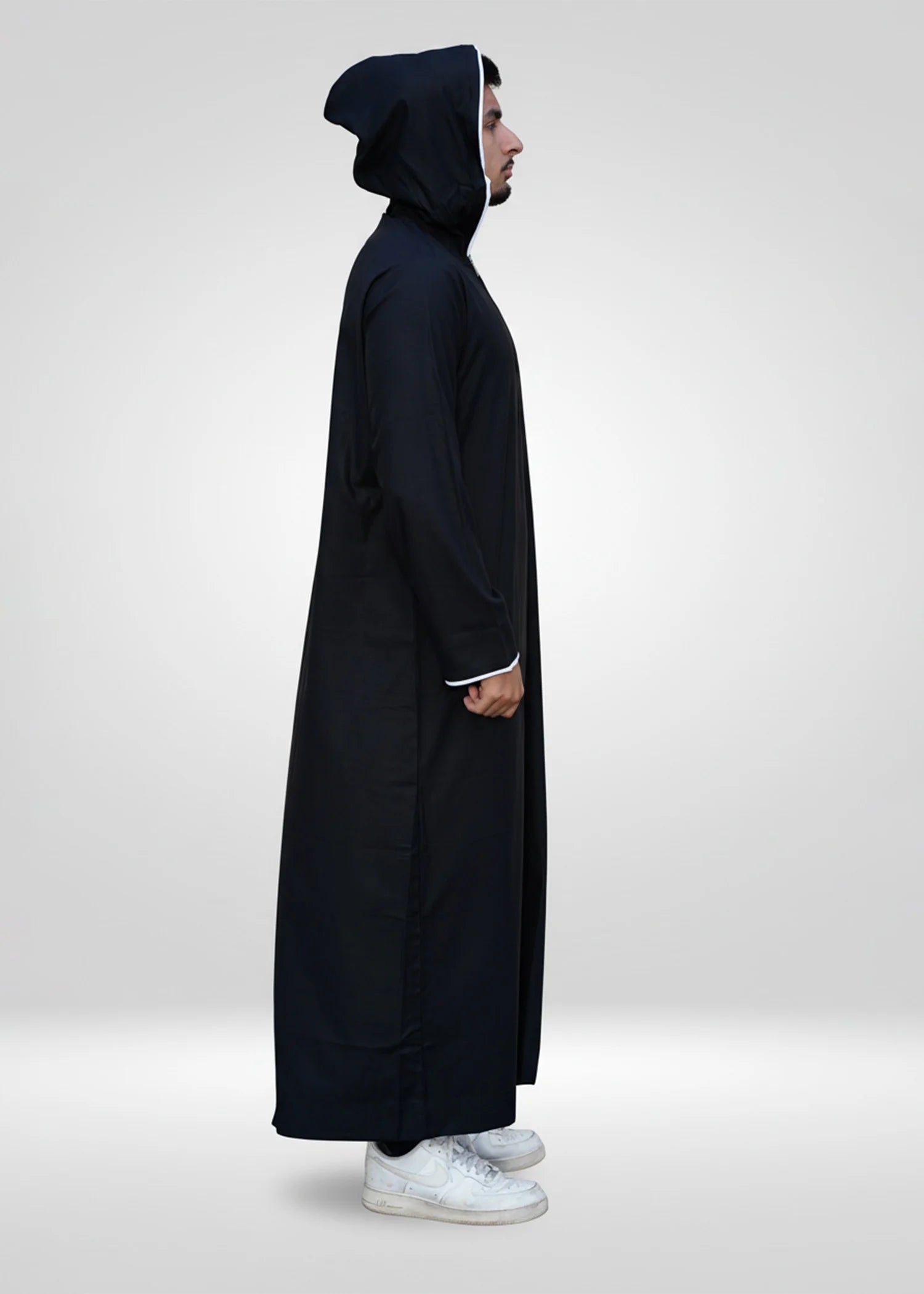 Back view of the Men's Black Hoodie Thobe highlighting the clean drape and athletic vibe