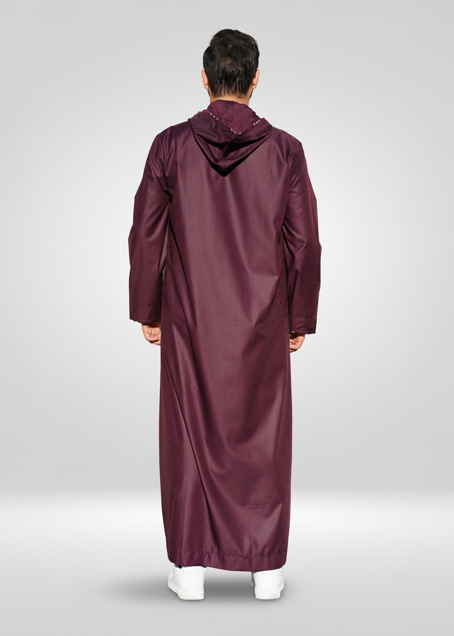 Back view of the Maroon Hoodie Thobe highlighting the cool hooded silhouette and relaxed fit