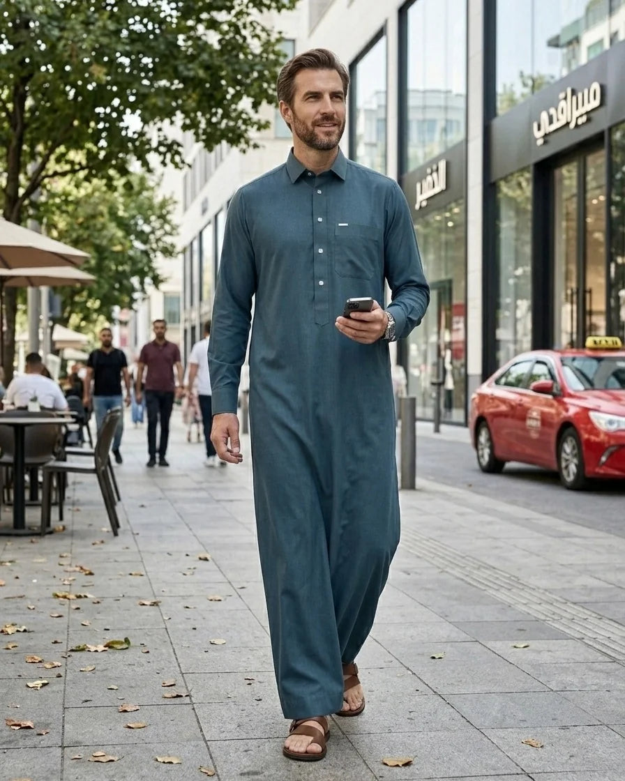 Premium Executive Teal Blue Thobe with Shirt Collar