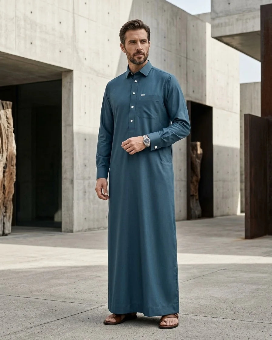 Premium Executive Teal Blue Thobe with Shirt Collar