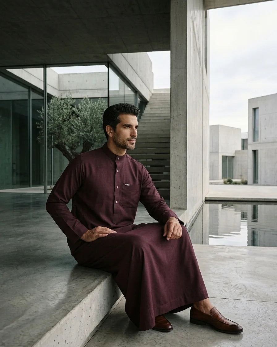Premium Executive Wine Thobe with Mandarin Collar