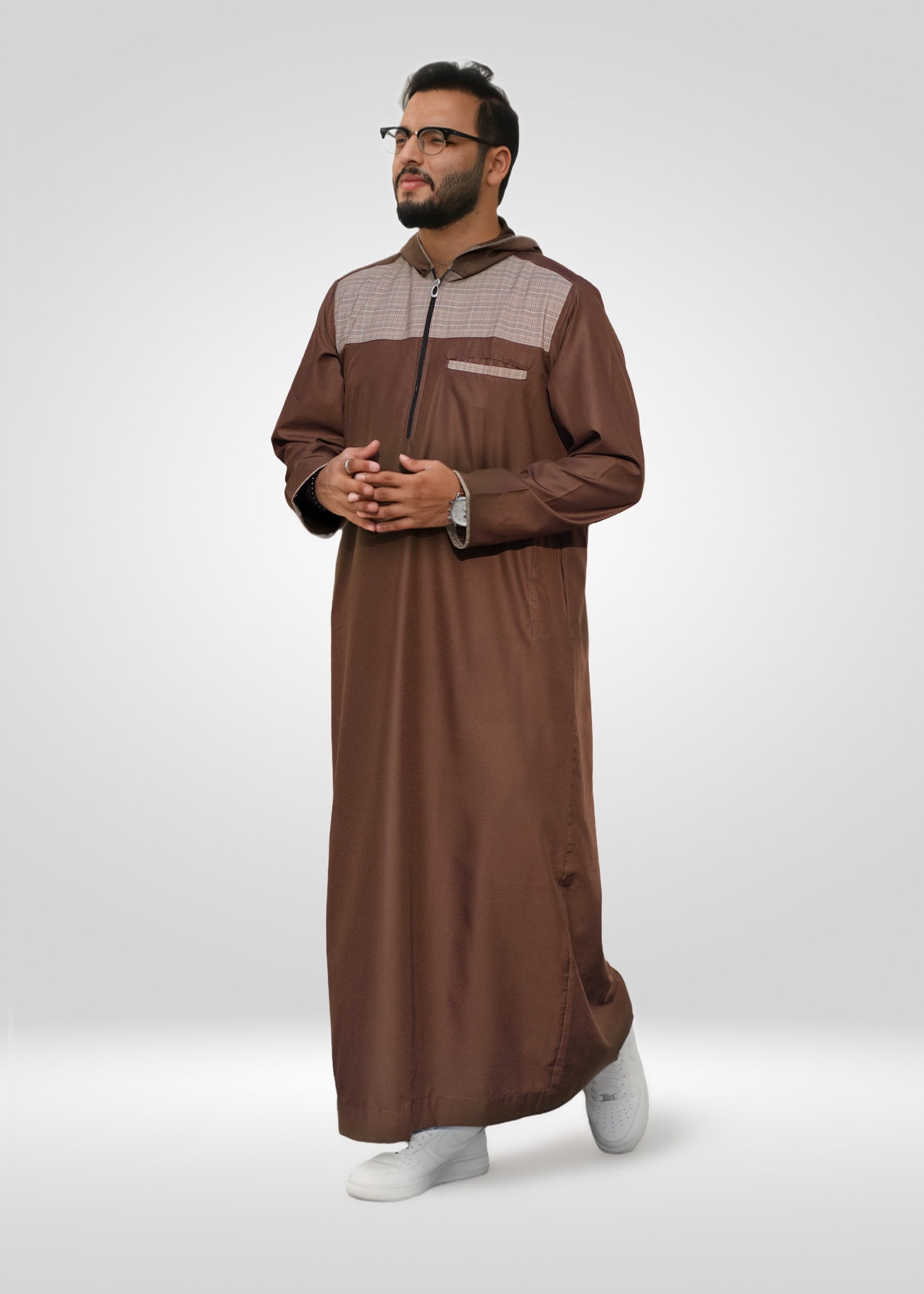 Detail shot of the front zipper and patterned hood on the mocha casual thobe