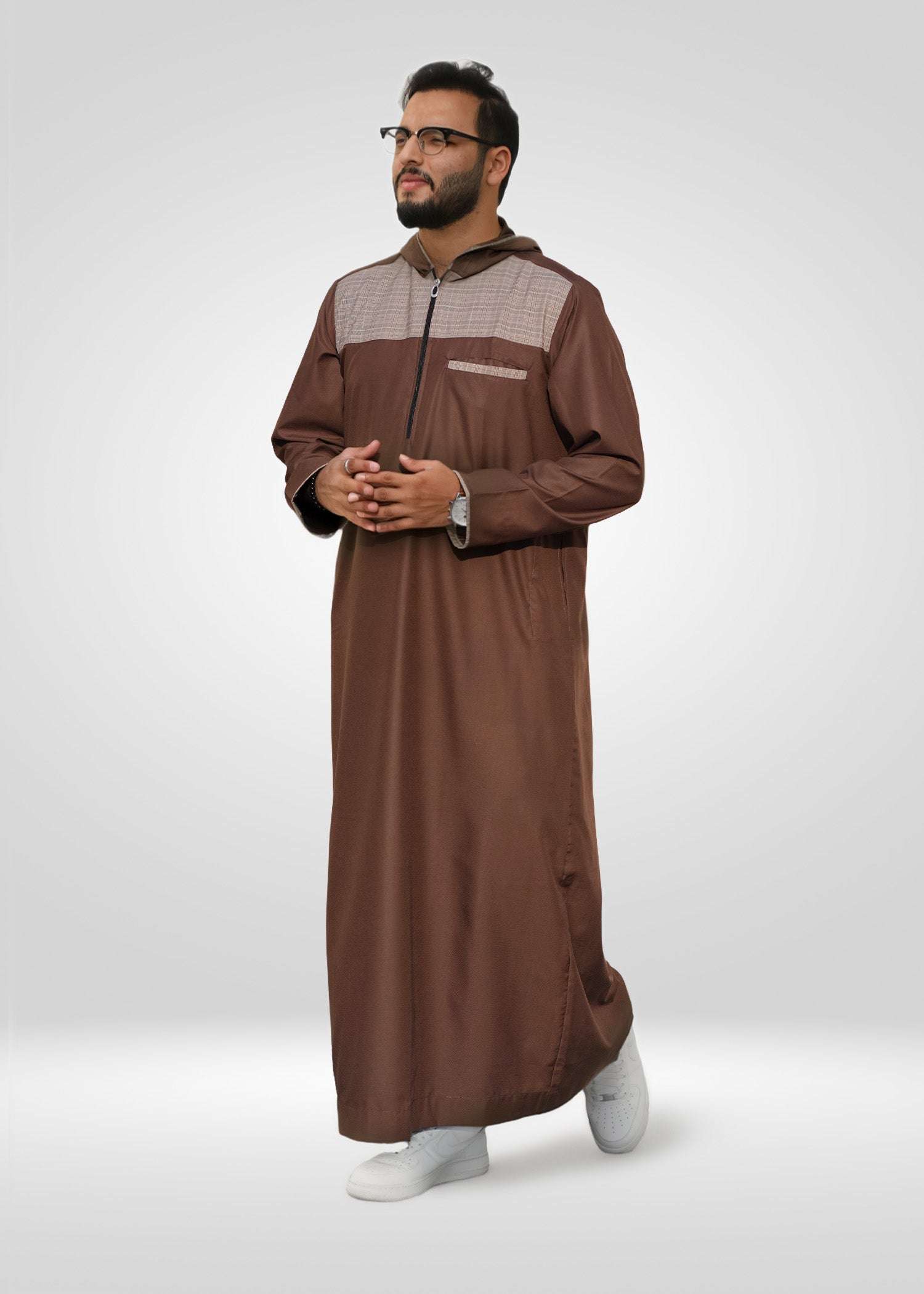 Detail shot of the front zipper and patterned hood on the mocha casual thobe