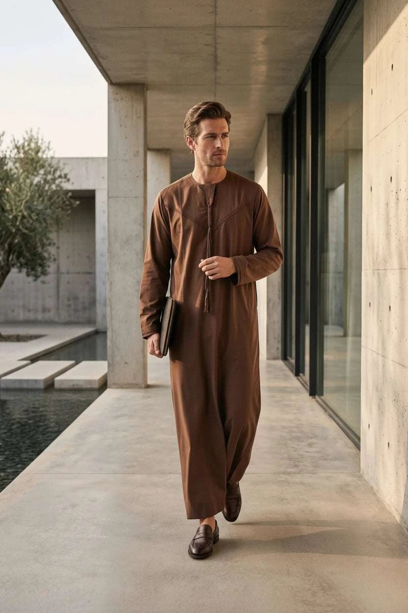Mocha brown Emirati thobe with braided tarboush for men, full front view