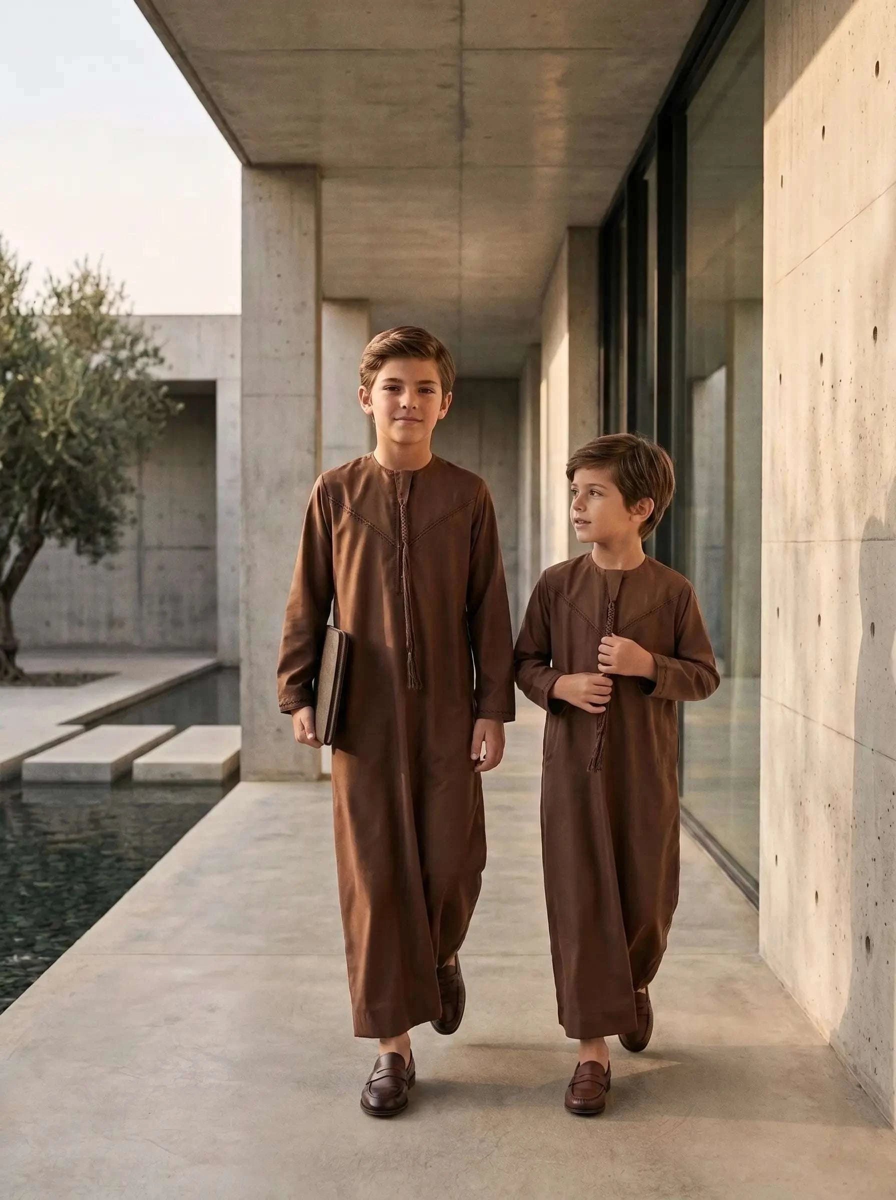 Mocha brown Emirati thobe with braided tarboush for boys, side profile view