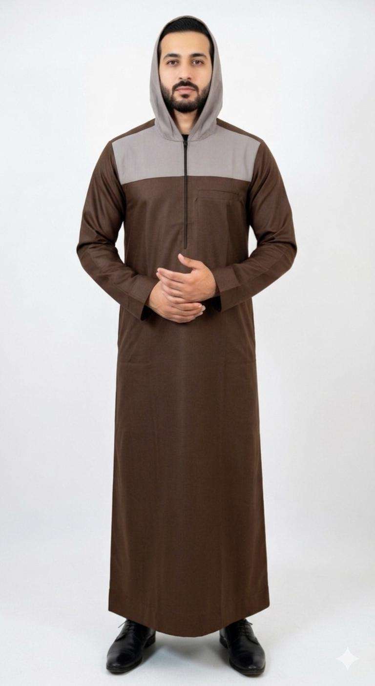Mocha brown and sand hooded thobe with color block for men, side profile view