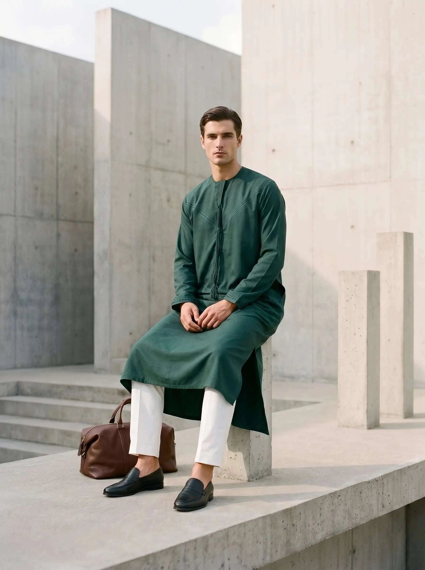White thobe trouser waistband and fabric detail