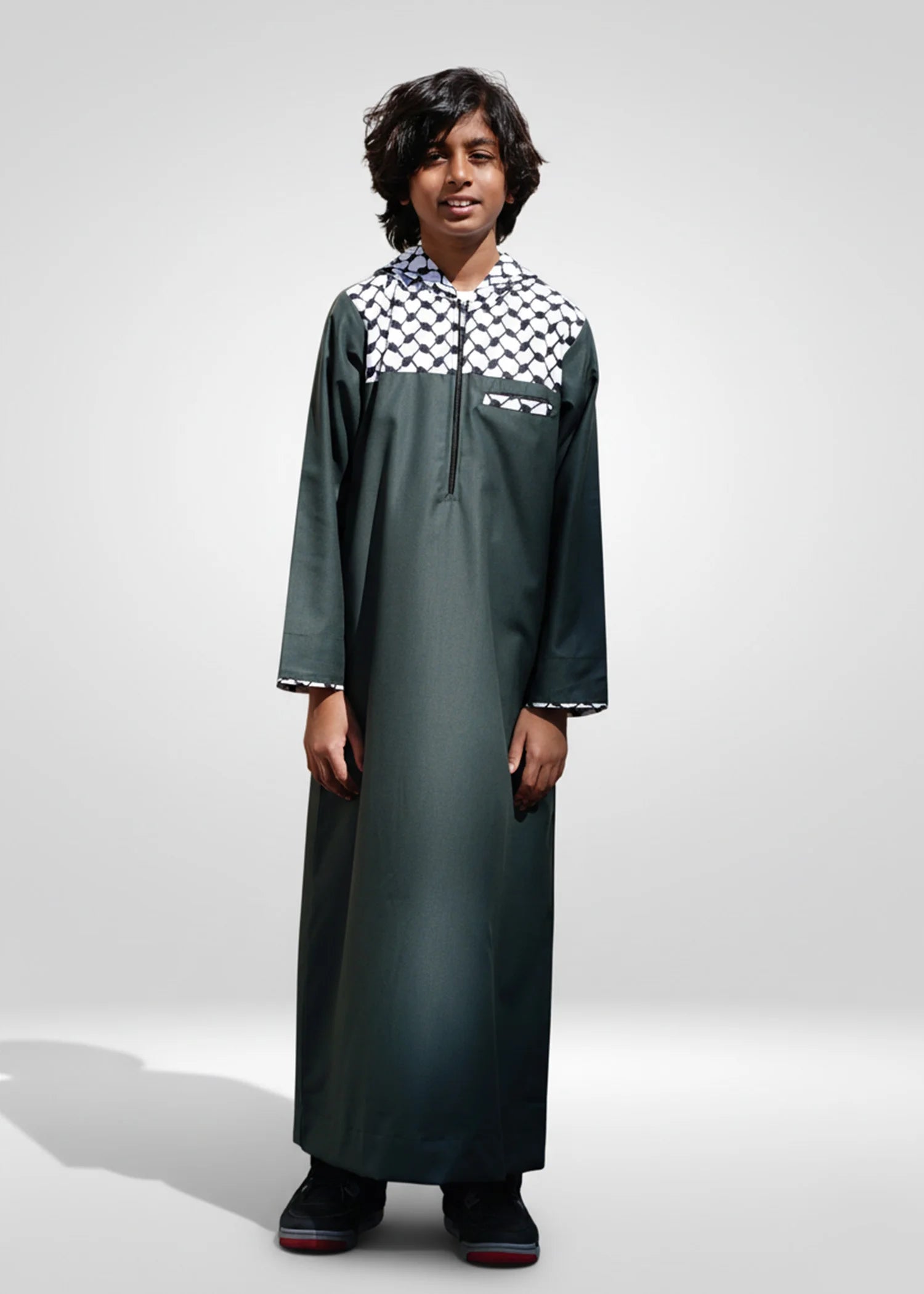 Modern Green Kufiya Kids Thobe, Casual Streetwear Style, Chicago US Market.