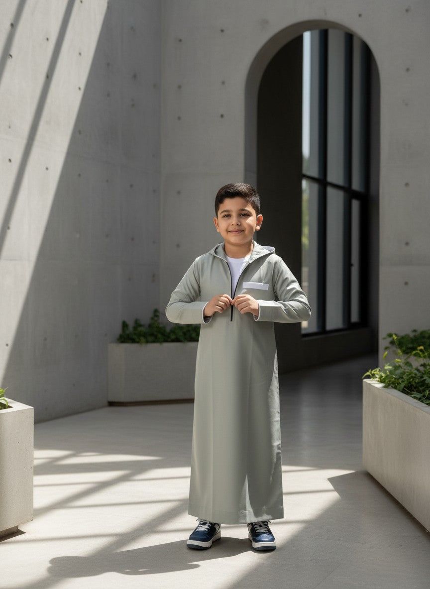 Young Muslim boy standing confidently next to a concrete bench with a notebook, wearing a casual light grey hooded thobe with his hand in the side pocket. Premium quality kids jubba for active students.