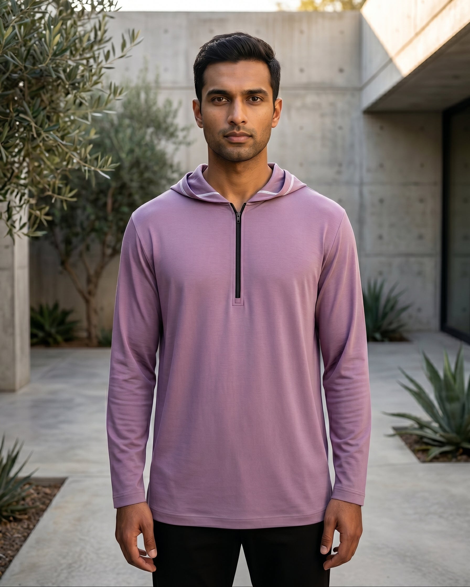 Front view of modern dusty mauve hooded kurta for men, half zip design, affordable Sunnah clothing, athleisure modest menswear, modern Islamic fashion.