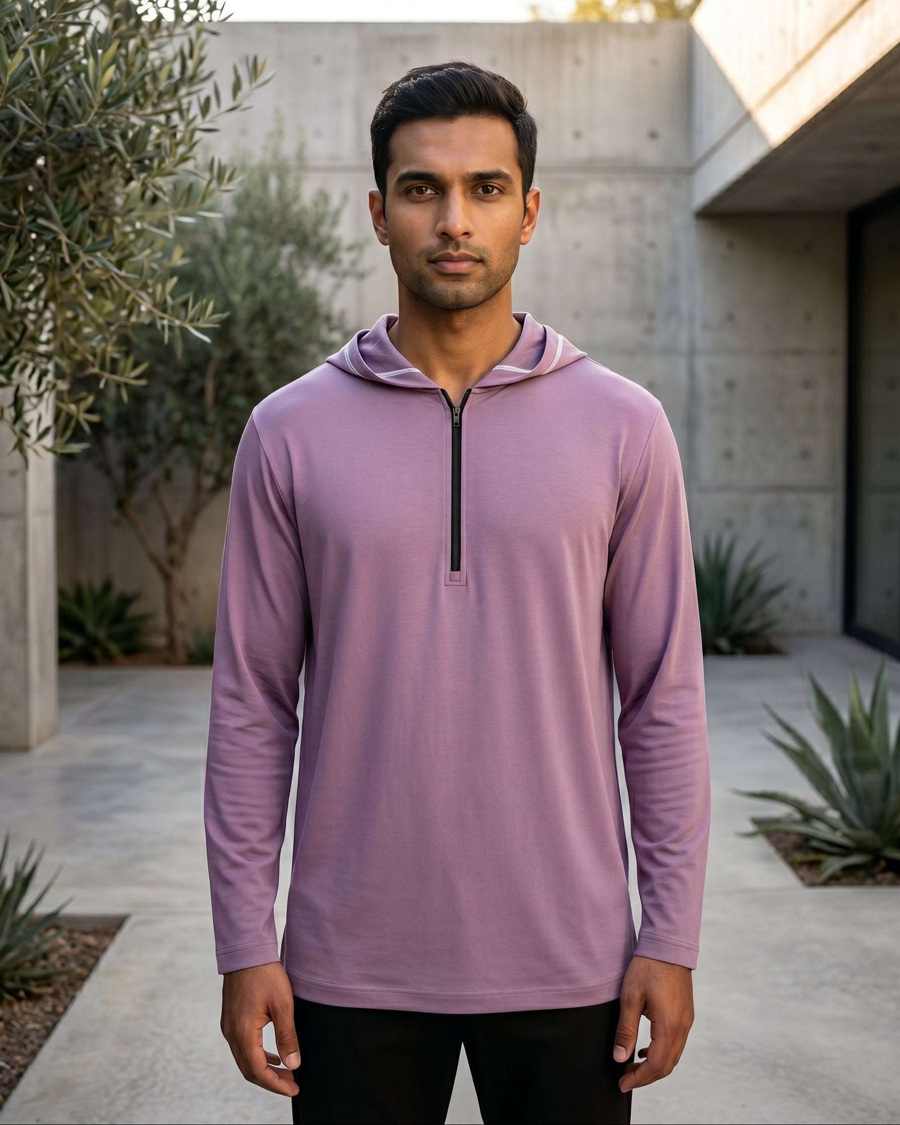 Dusty mauve hooded kurta with half-zip, front view