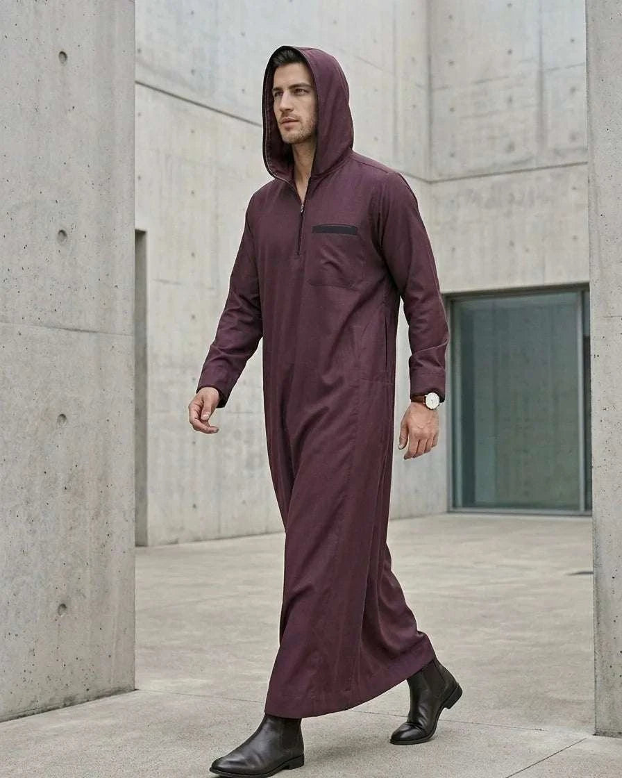 Mulberry plum hooded thobe with quarter zip for men, close-up of the finish