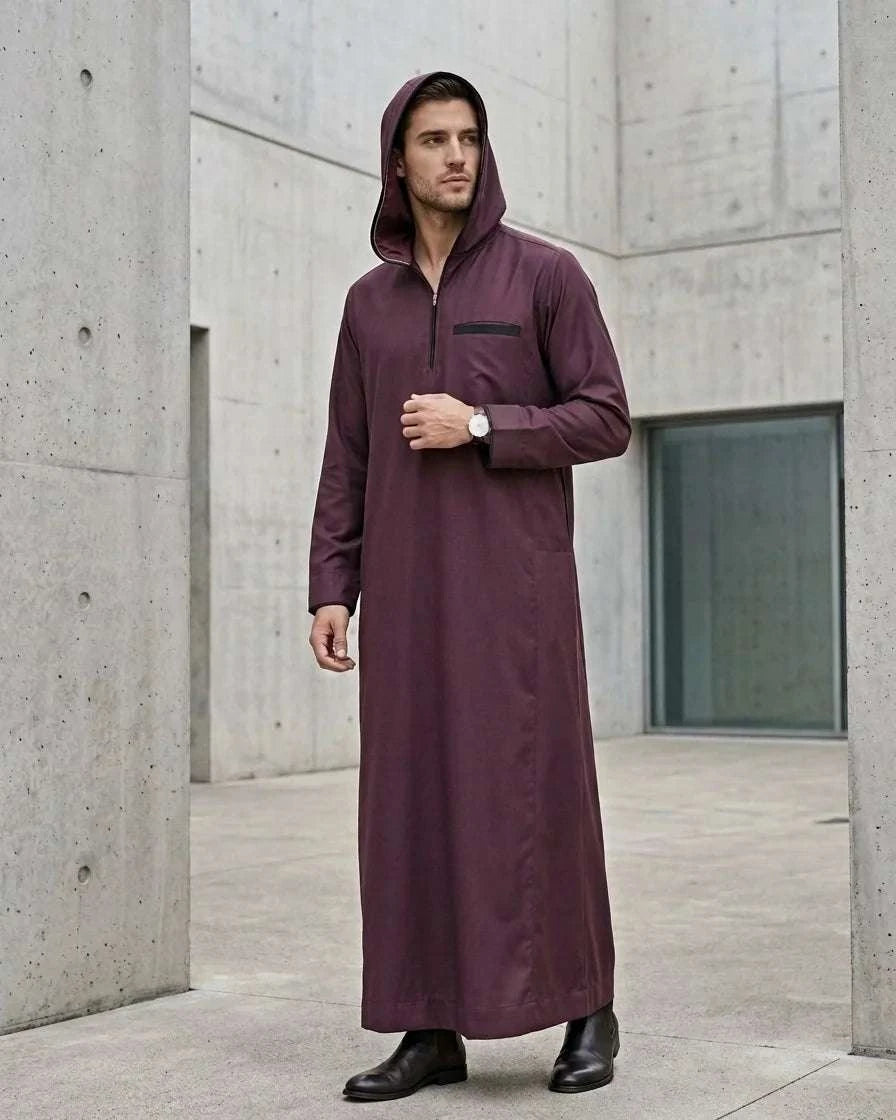 Mulberry plum hooded thobe with quarter zip for men, full front view
