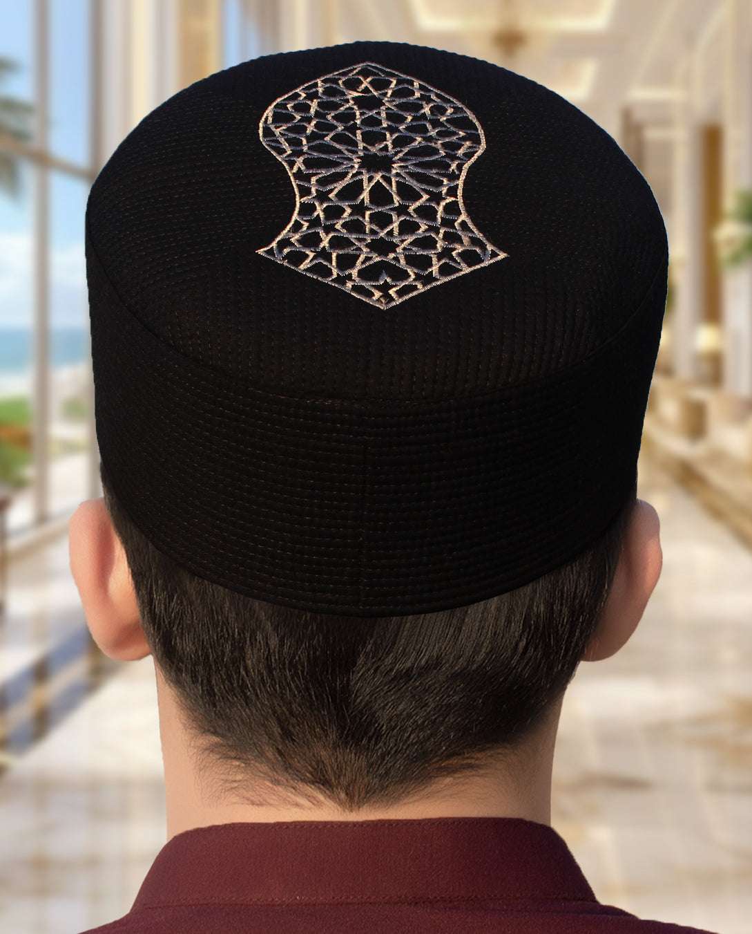 Naqsh pattern hand-crafted kufi prayer cap for men, close-up of the stitched crown