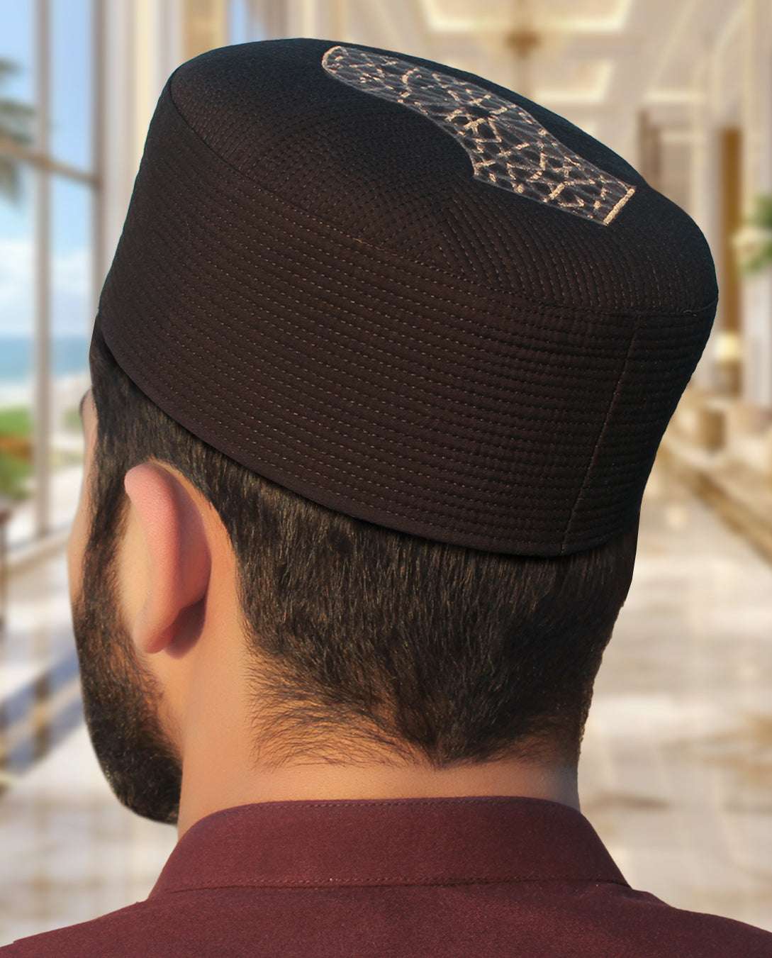 Naqsh pattern hand-crafted kufi prayer cap for men, stitched surface in close detail