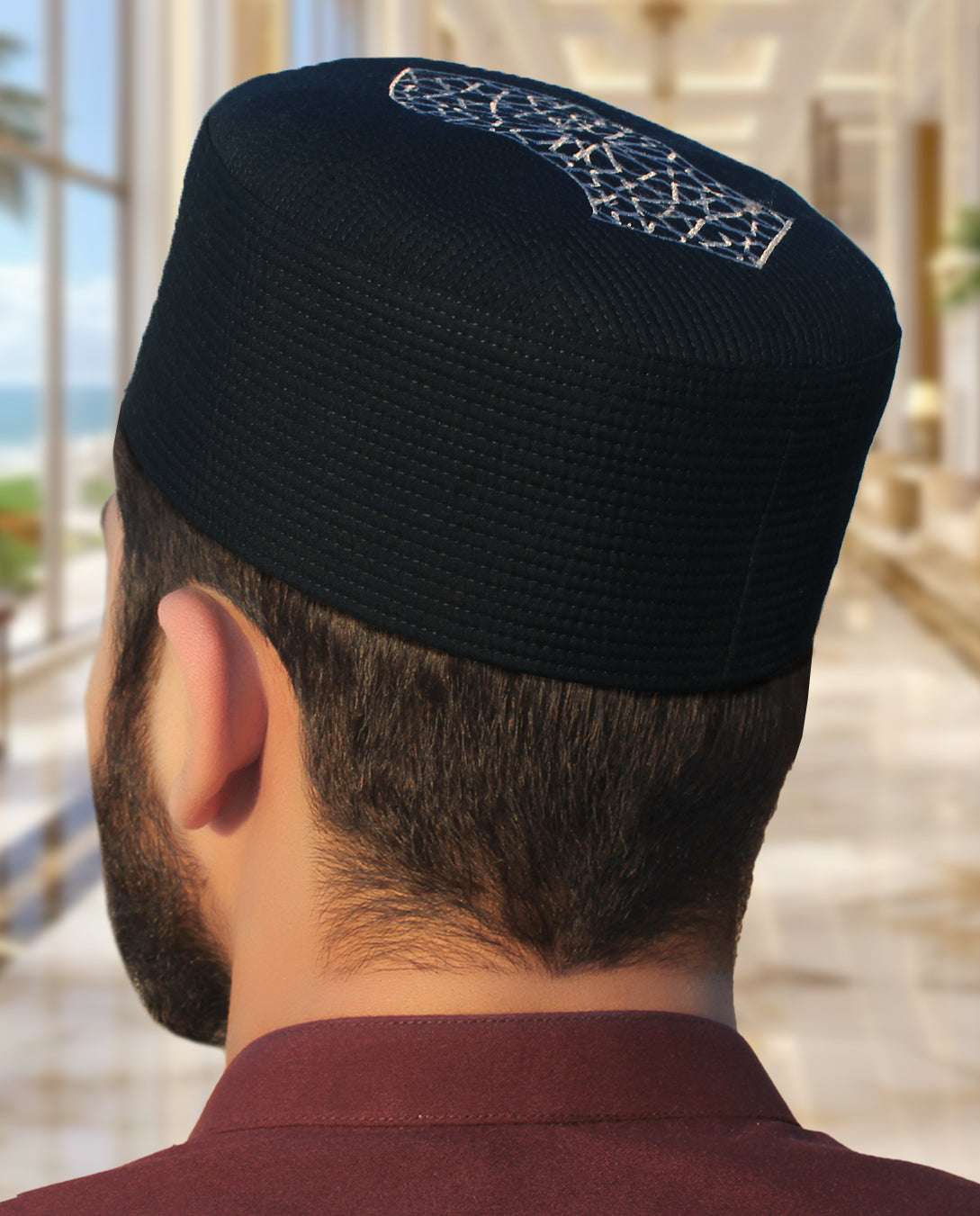 Naqsh pattern hand-crafted kufi prayer cap for men, an everyday Sunnah essential