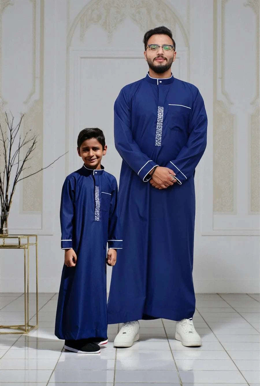 Navy blue embroidered thobe for men and boys, father and son matching set