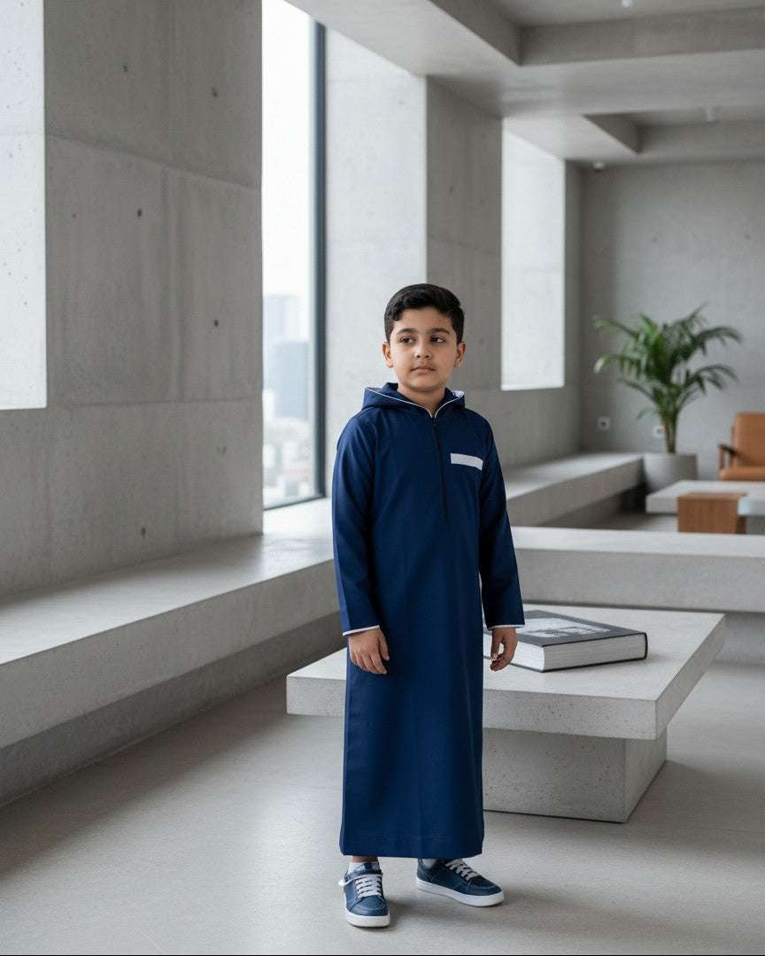 Navy blue hooded thobe with sporty half-zip for boys, close-up of the fabric