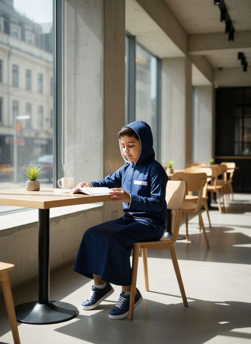 Navy blue hooded thobe with sporty half-zip for boys, styled on a model outdoors
