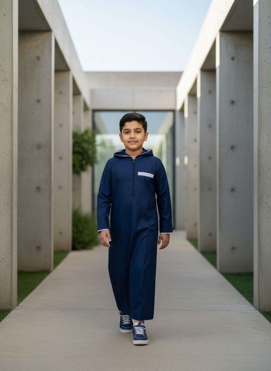 Navy blue hooded thobe with sporty half-zip for boys, close-up of the pocket