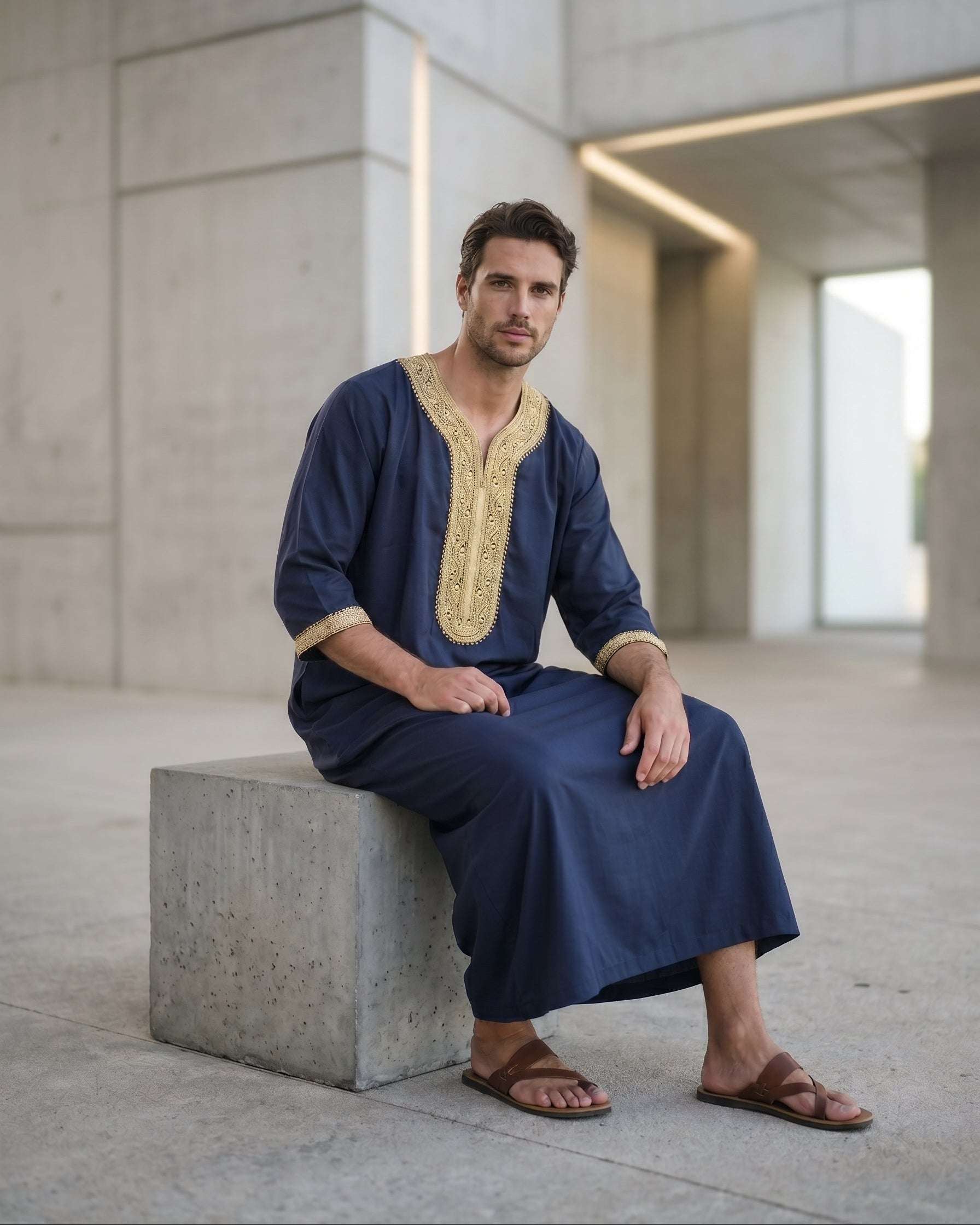 Navy blue Moroccan gandora with gold embroidery for men, stitched pattern in close detail