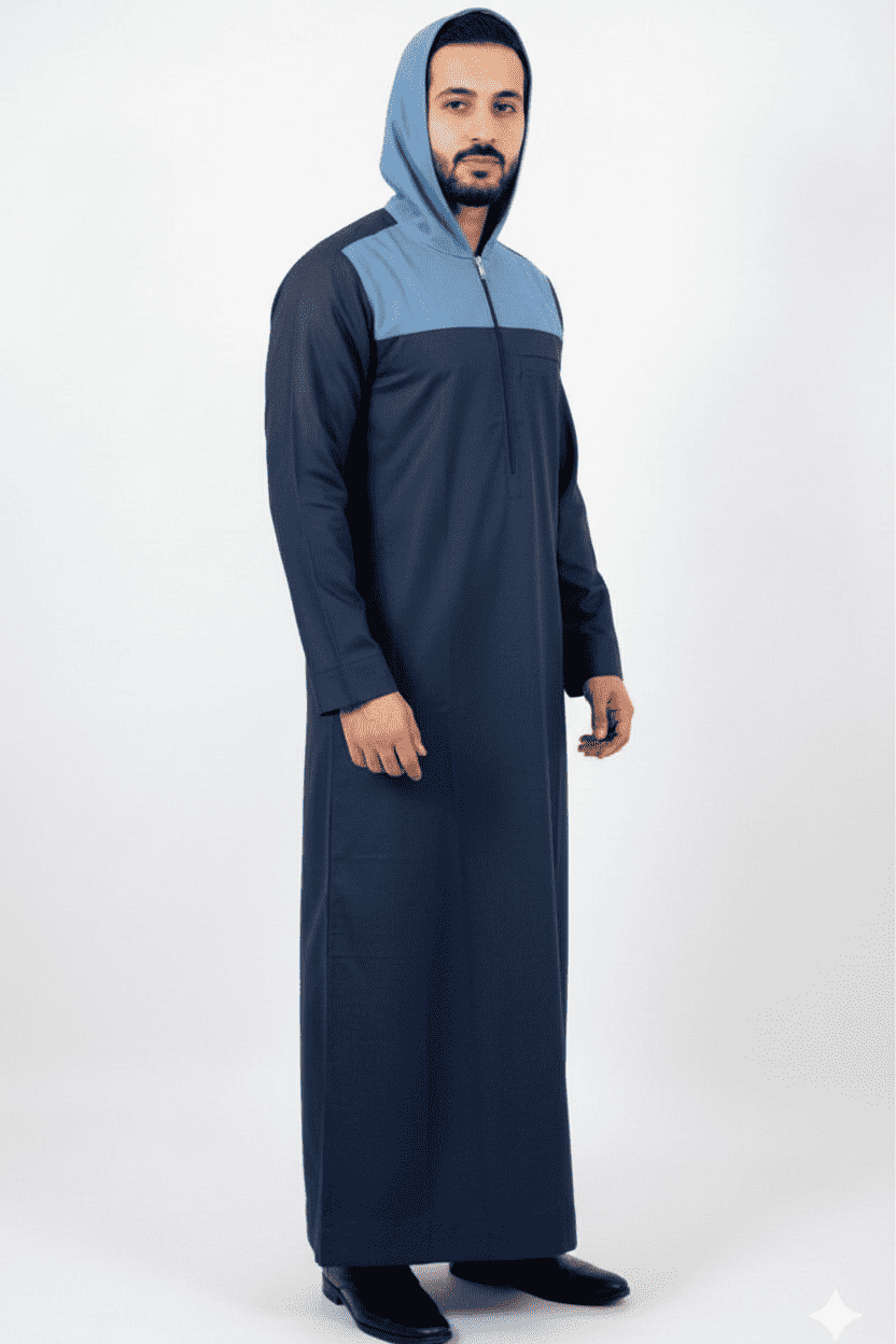 Navy and steel blue hooded thobe with color block for men, back view