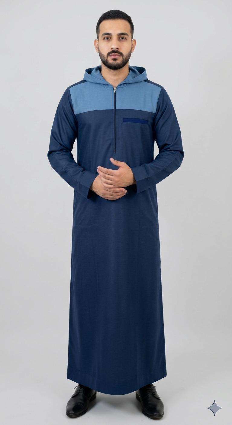 Navy and steel blue hooded thobe with color block for men, full front view