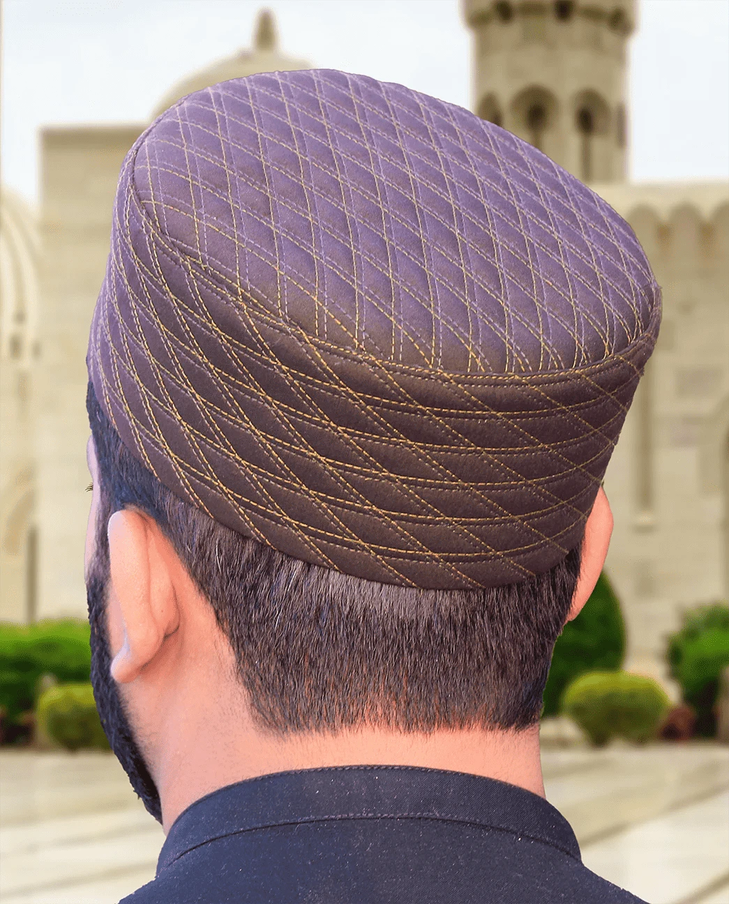 Chocolate brown quilted kufi prayer cap with tan stitching, made for daily salah