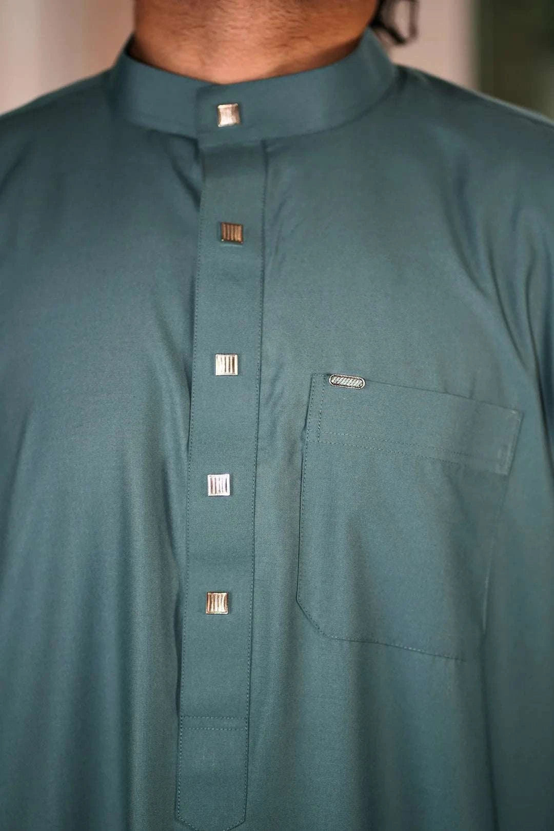 Ocean teal thobe with classic mandarin collar for men, buttoned placket in close detail
