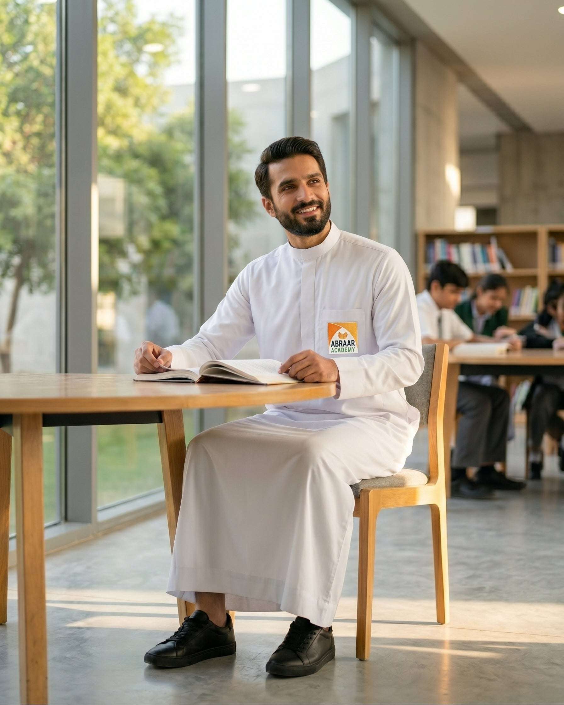 Official Abraar Academy white uniform thobe, stitched pattern in close detail