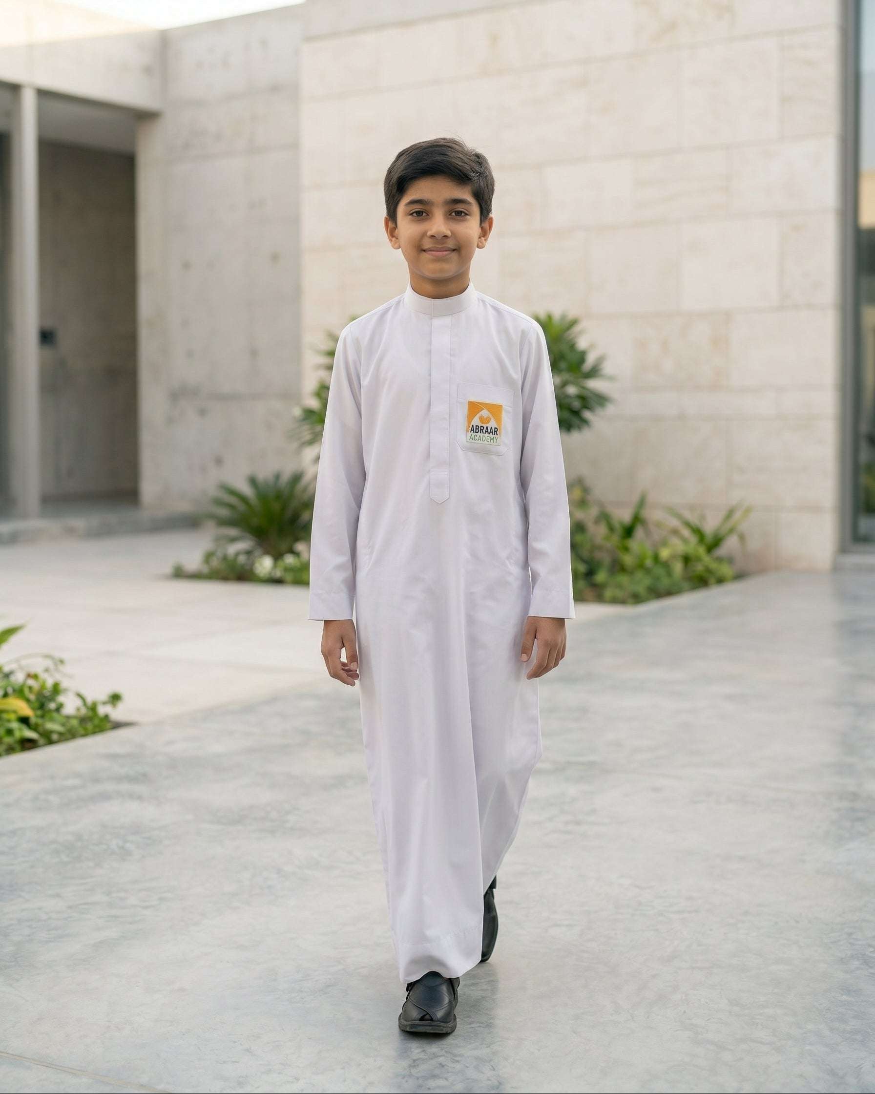 Official Abraar Academy white uniform thobe, alternate view of the drape