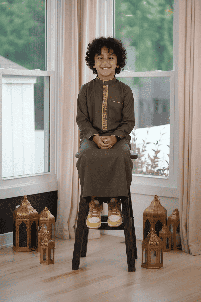 Olive green embroidered thobe with mandarin collar for boys, length and sleeve line