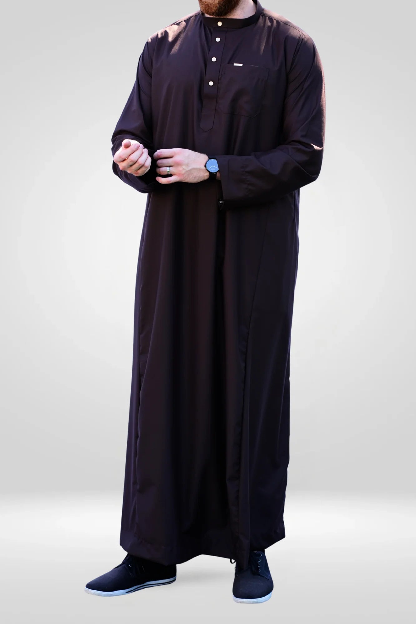 Front view of the Plain Dark Brown Thobe showing the rich chocolate color and mandarin collar