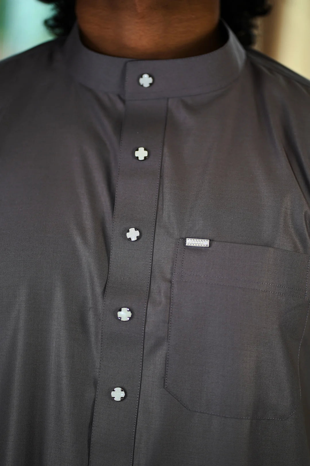 Plain Dark Gray Muslim Jubba, Mandarin Collar, Year-Round Modest Wear, New York.