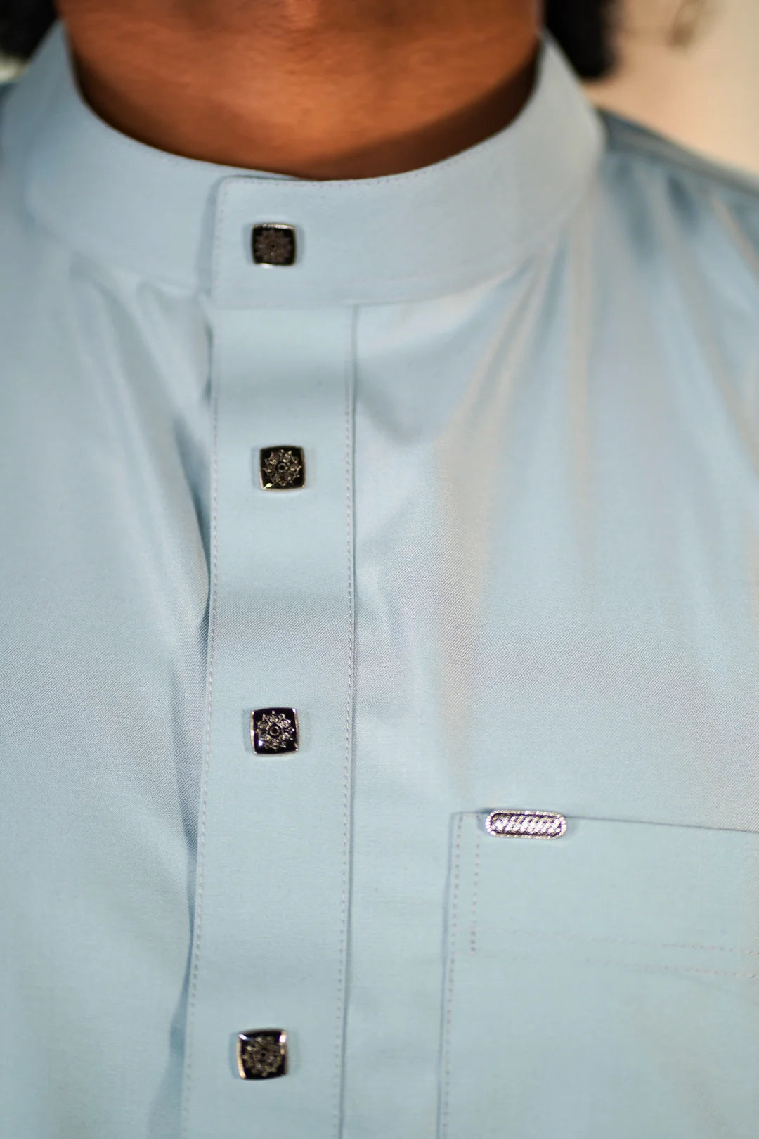 Plain Light Blue Muslim Jubba, Mandarin Collar, Year-Round Modest Wear, New York.