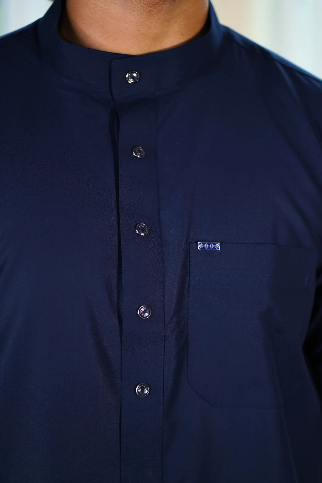 Plain Navy Blue Jubba, Mandarin Collar, Year-Round Modest Wear, New York.