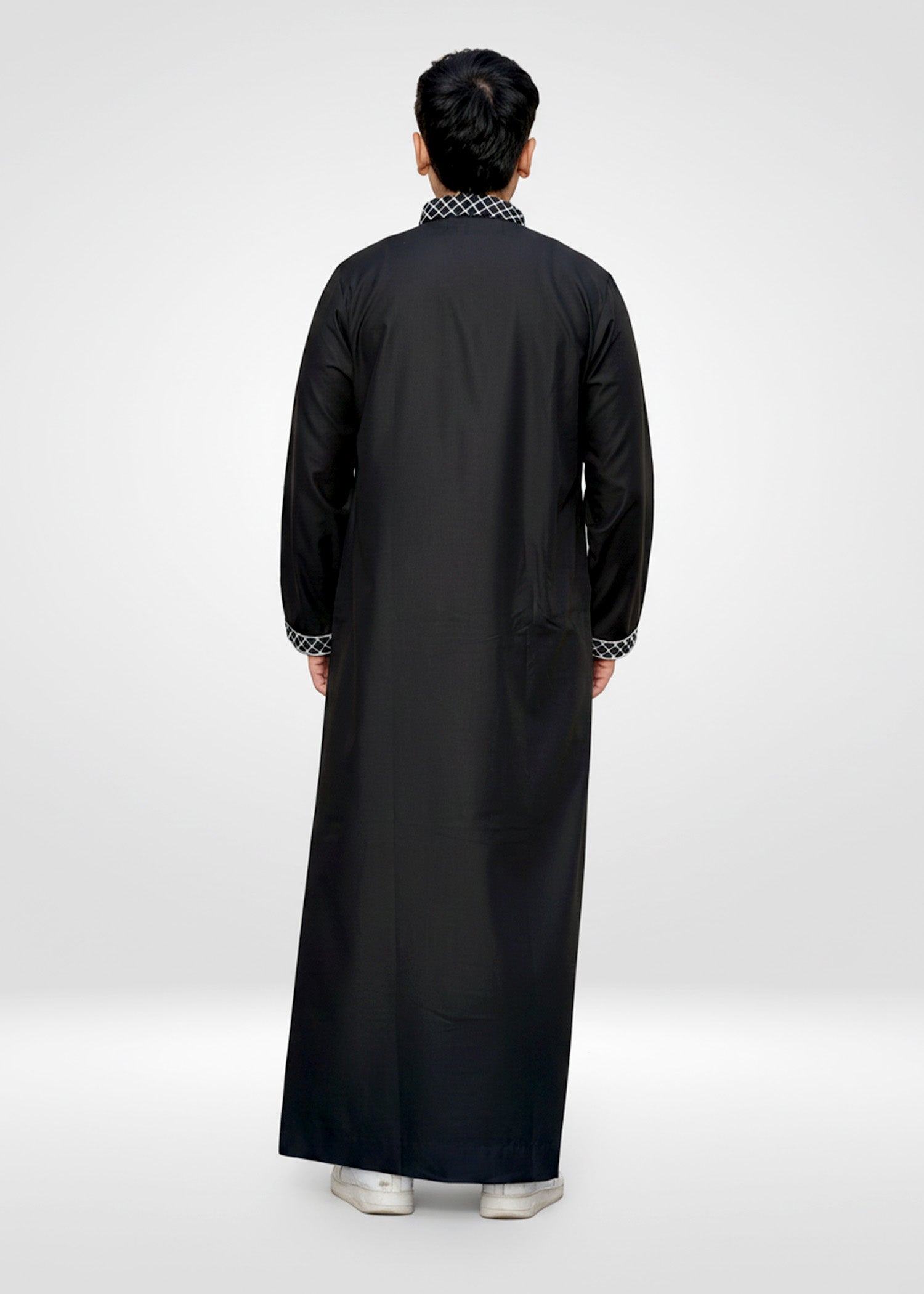 Back view of the Men's Black Palestine Embroidered Thobe highlighting the clean silhouette and drape