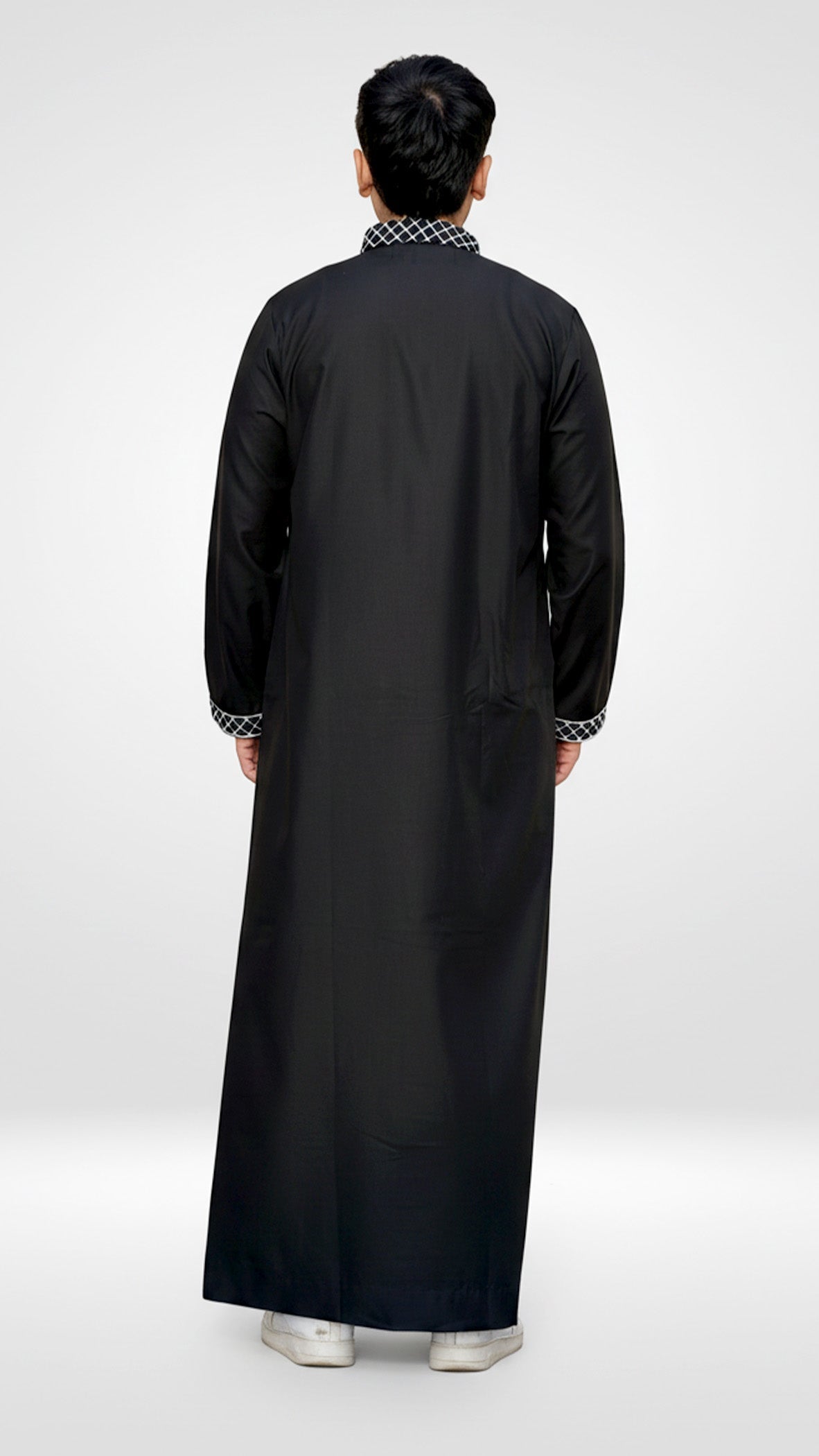 Back view of the Men's Black Palestine Embroidered Thobe highlighting the clean silhouette and drape