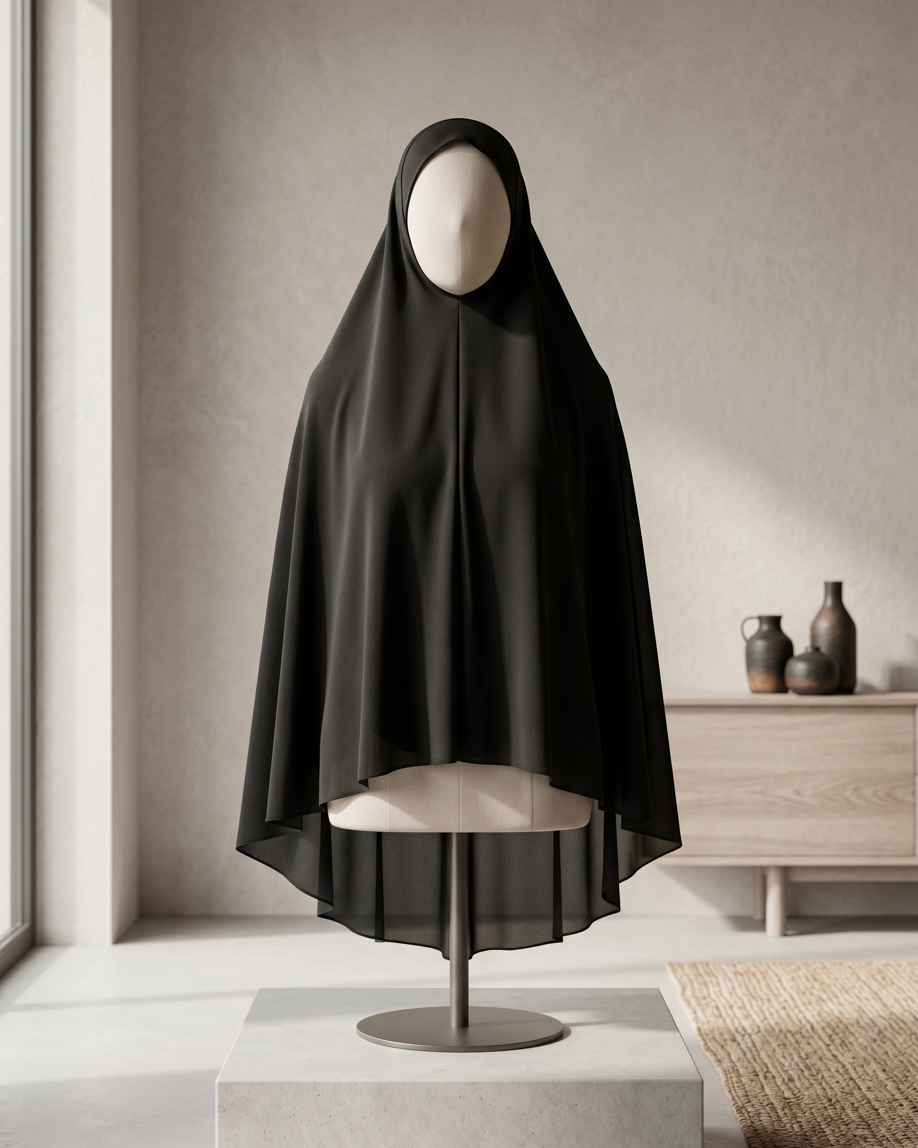 Front view of premium black slip-on khimar hijab on a mannequin, showcasing the full chest coverage, opaque fabric, and elegant drape ideal for Islamic school uniforms and everyday modest wear.