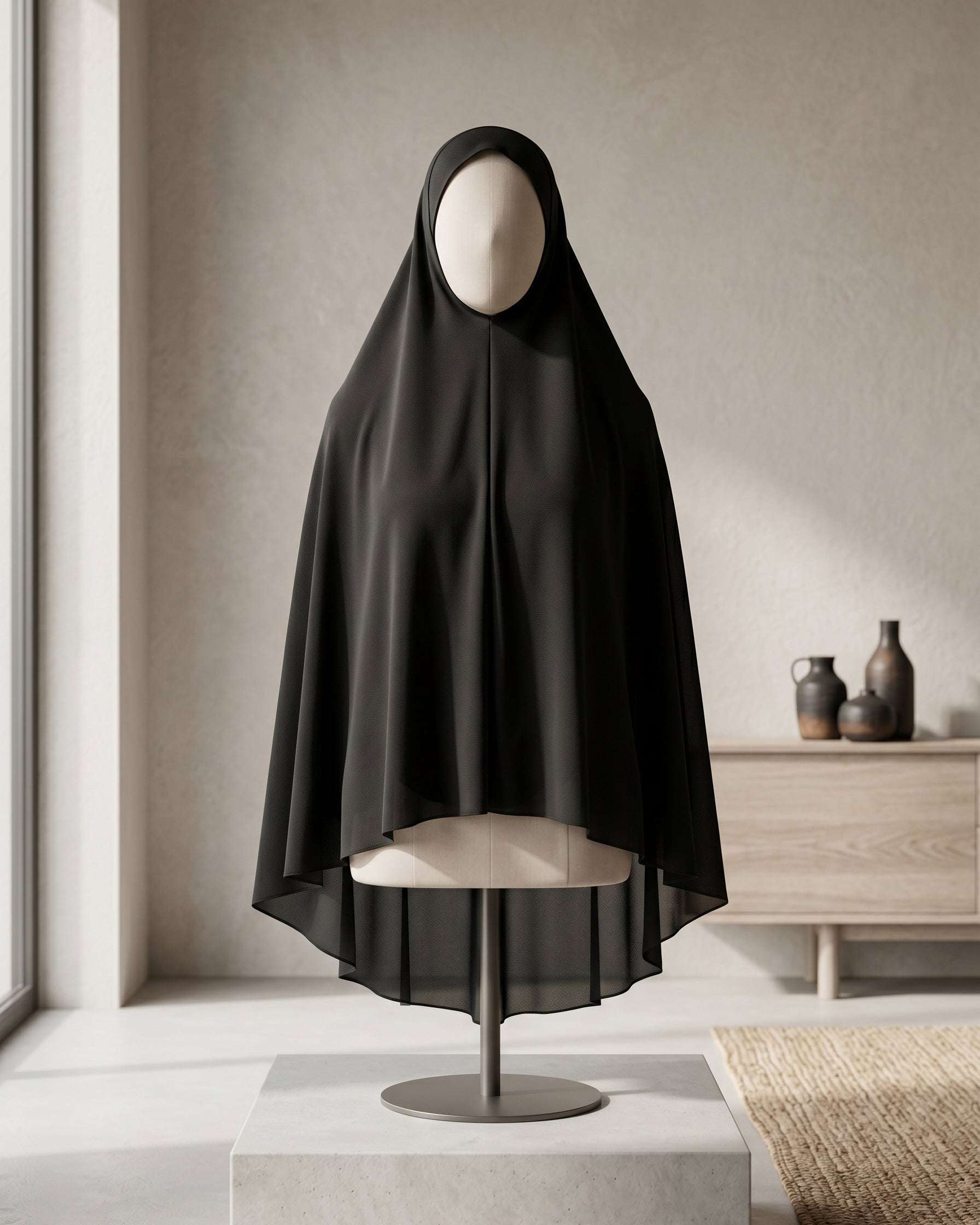 Black slip-on khimar with instant hijab for women, full front view