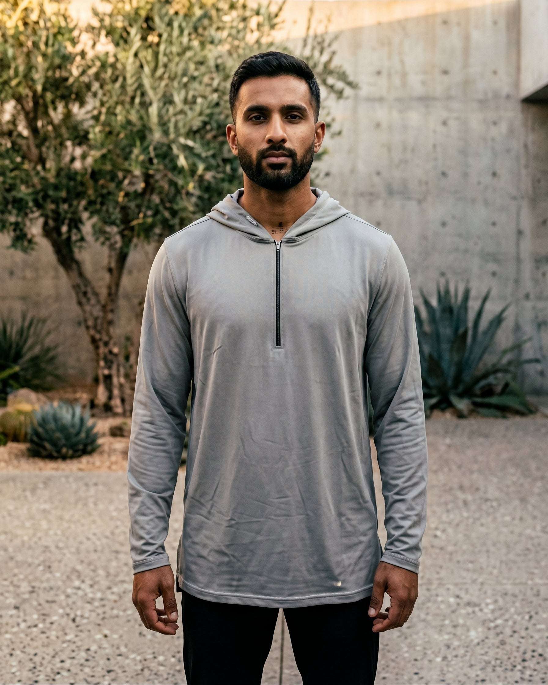 Light grey jersey hooded kurta, seated view