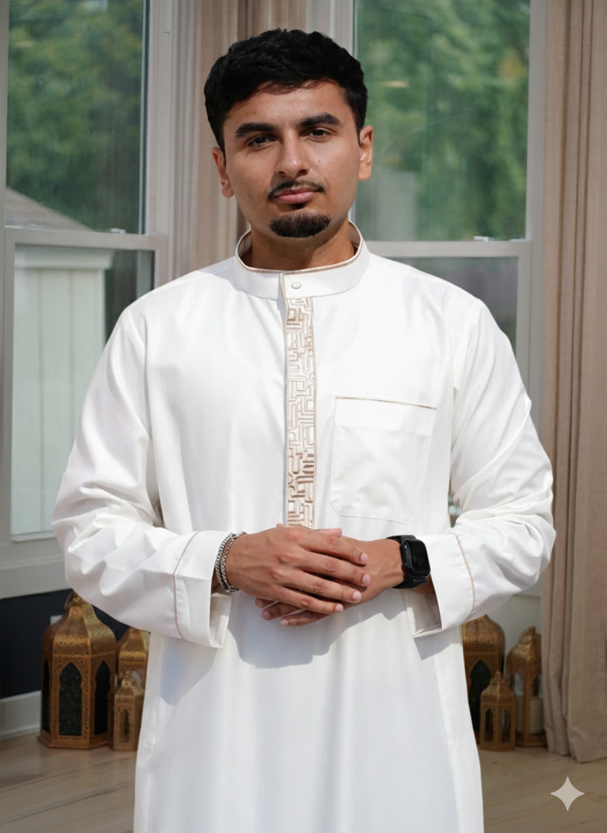 Close-up of the exclusive geometric embroidery and Mandarin Collar neckline on the premium Jubba in New York.