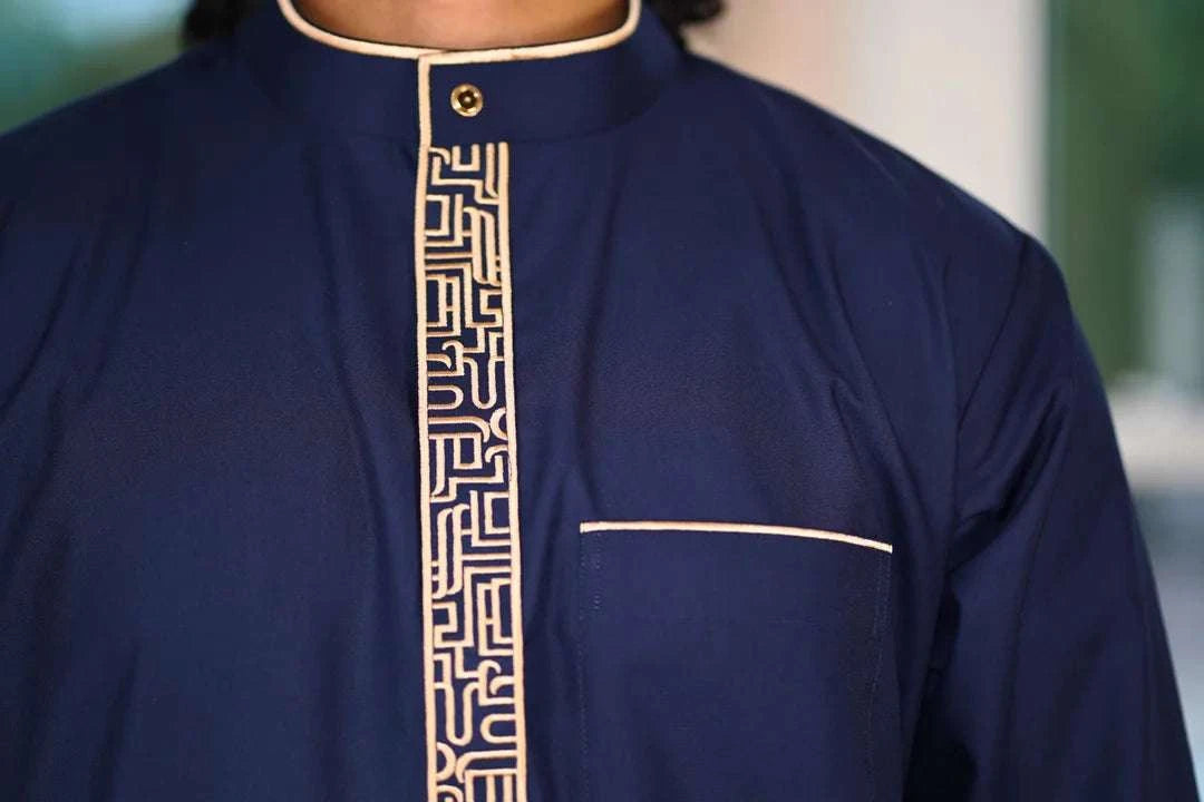 Back view of the Navy Blue & Beige Embroidered Thobe highlighting the clean silhouette and premium fabric
