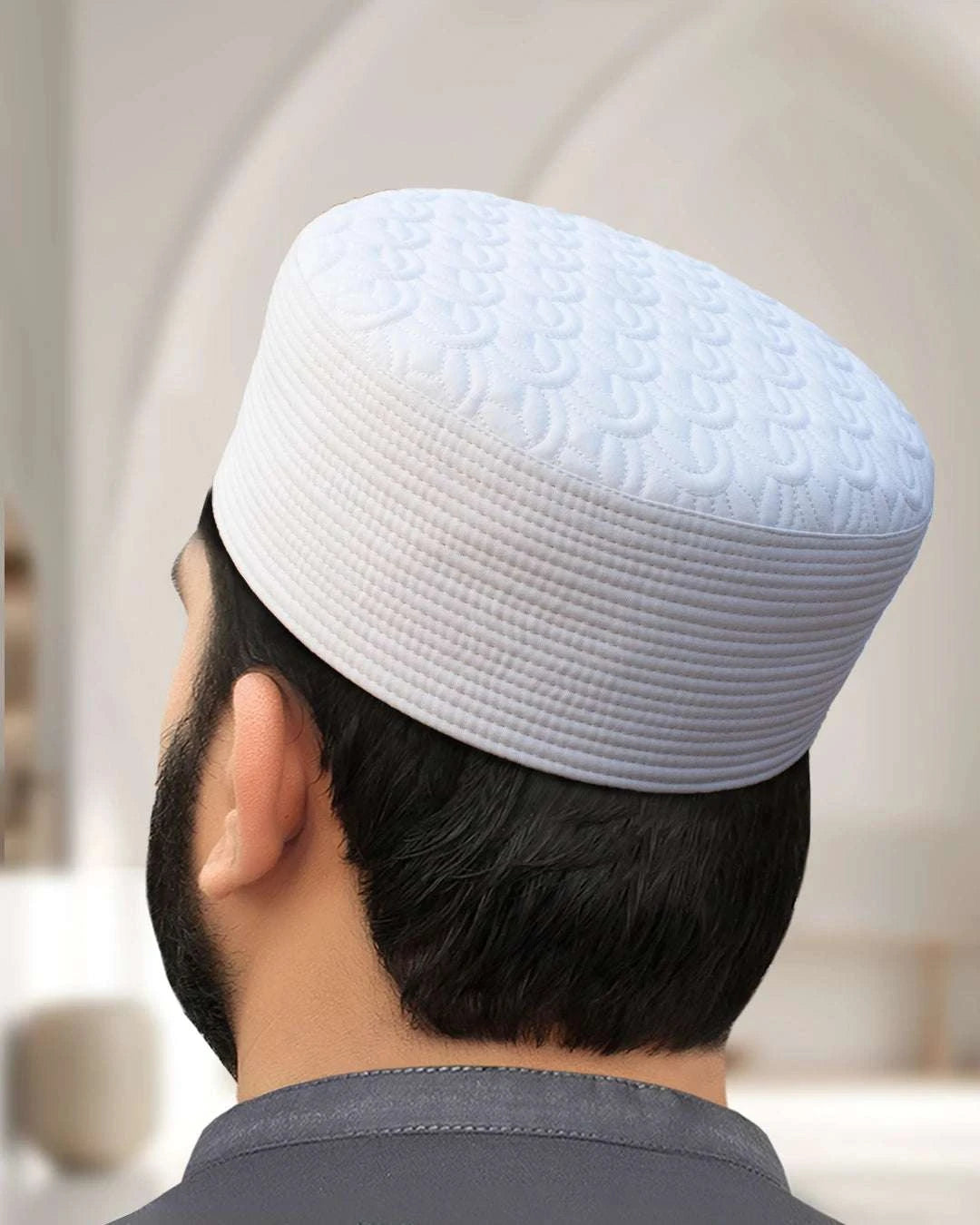 Off white embroidered kufi prayer cap for men, a Sunnah wardrobe staple