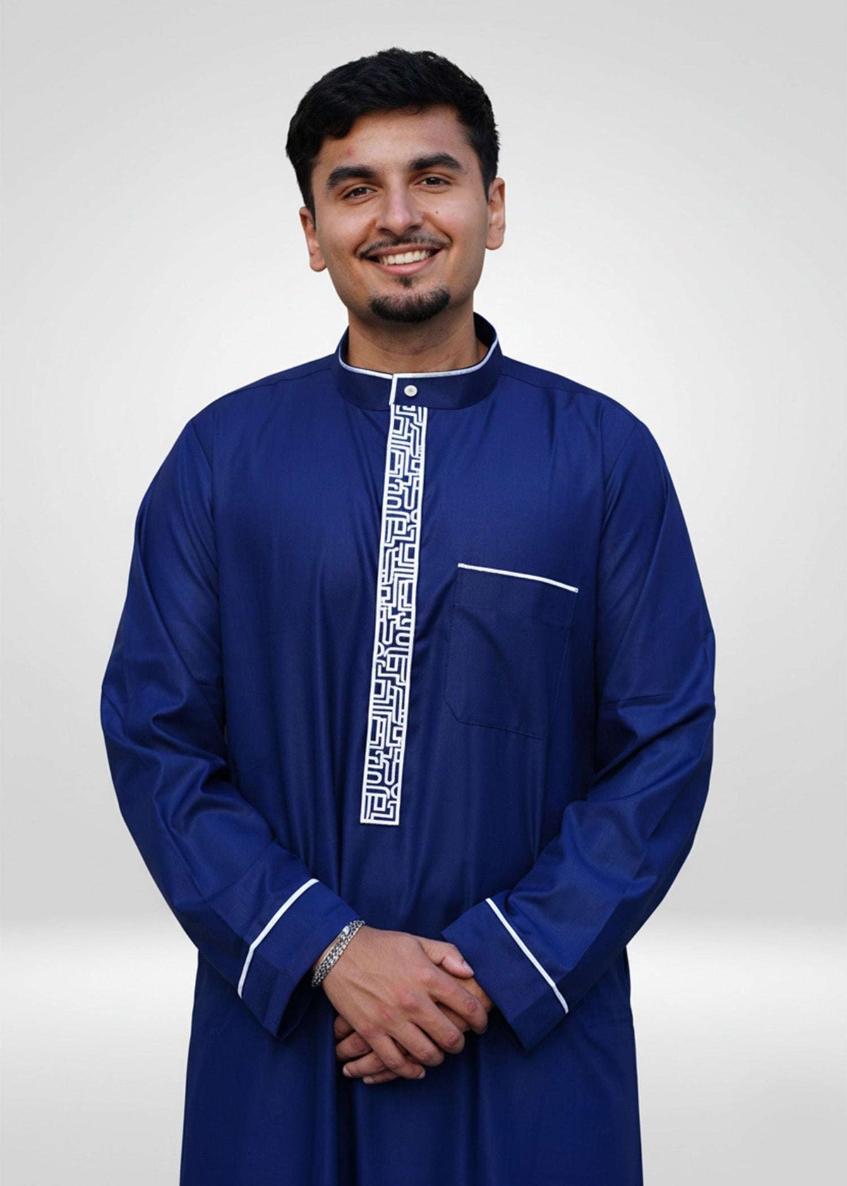 Royal blue and silver embroidered thobe with mandarin collar for men, sleeve cuff detail