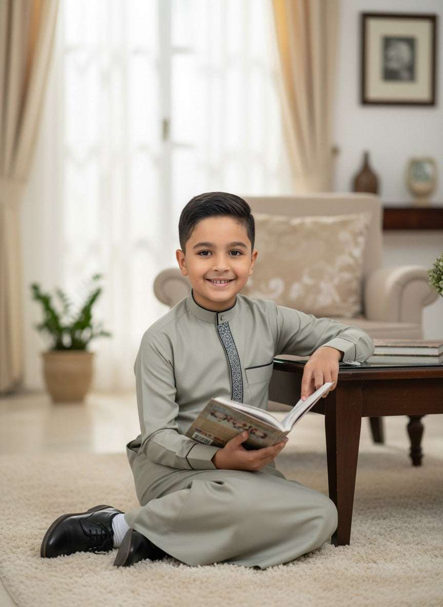 Sage green embroidered thobe for boys, showing the length and sleeve line