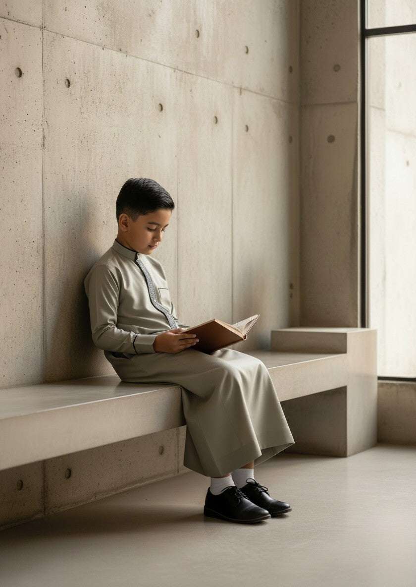 Sage green embroidered thobe for boys, worn by a model outdoors